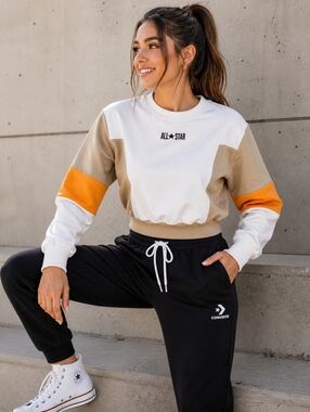 Converse All Star Cropped Sweatshirt Colorblock Pullover Athleisure Medium